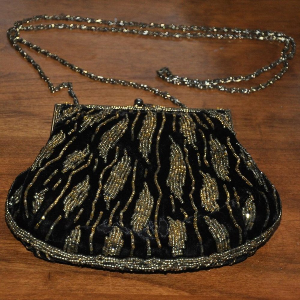 Vintage 70s Double Sided, Black Velvet, Gold Bead, Cross-body Purse Handbag